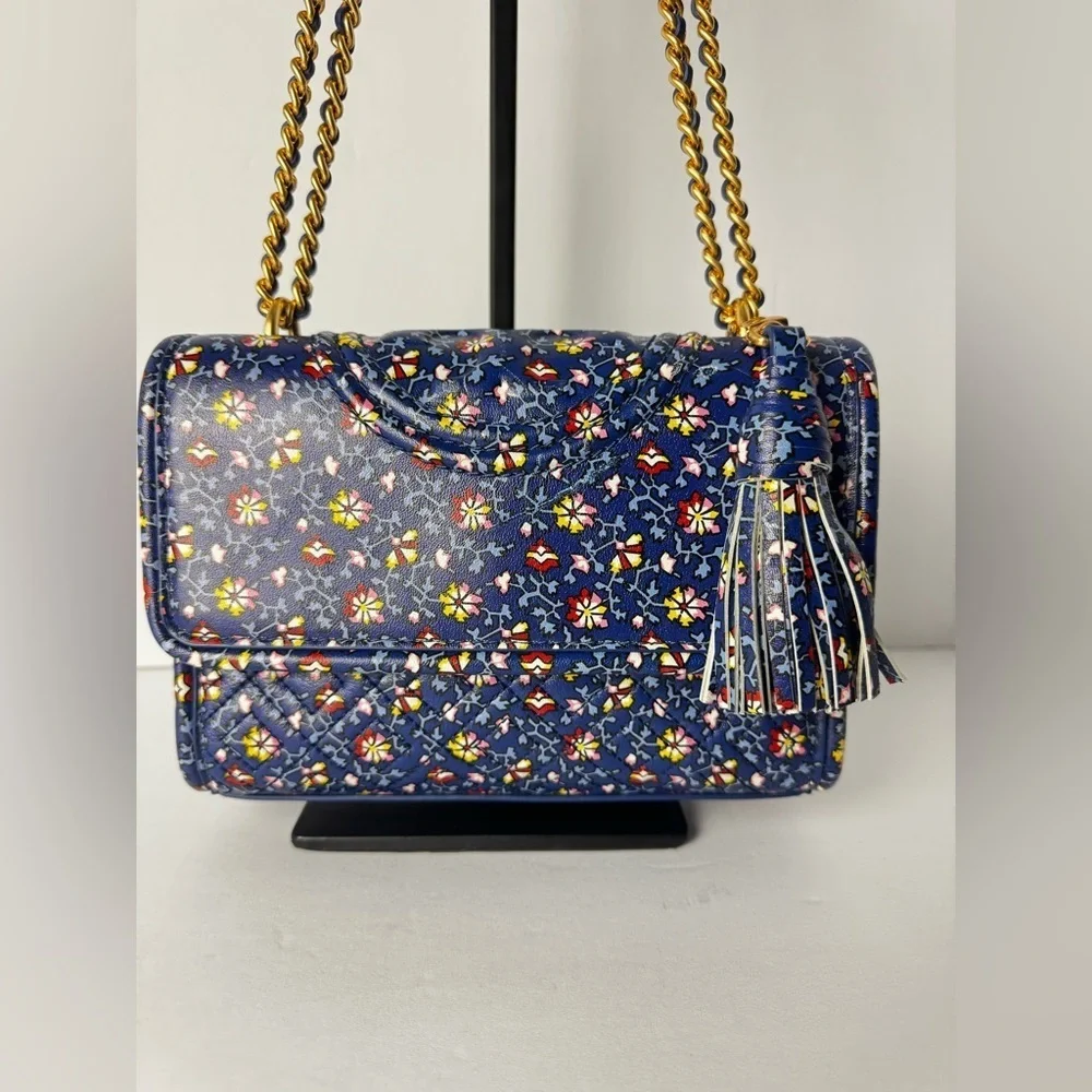 TORY BURCH FLEMING PRINTED SMALL CONVERTIBLE SHOULDER BAG BLUE WILD PANSY